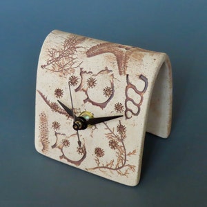 Handmade Stoneware 3 1/2" Hgt x 3 1/2" Width Botanical Brown Ocean Desk Clock, Battery Included, Real Ocean Product Used To Make Impressions