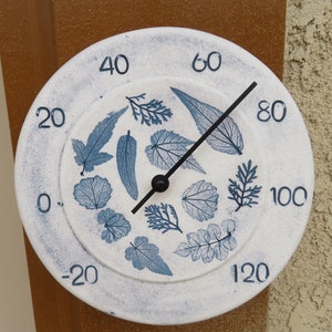 Handmade Indoor Outdoor Stoneware 9" Diameter Round Blue Mixed Leaf Thermometer, Real Leaves Used To Make Impressions