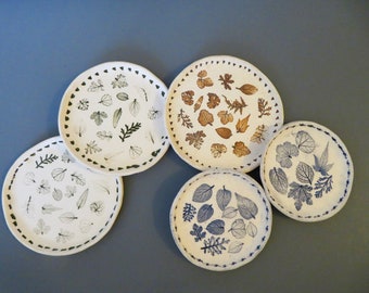 5 Handmade Stoneware Blue, Brown & Green Leaf Imprinted Round Plates, Lead Free, Large Are 6" Diameter, Real Leaves Used To Make Impressions