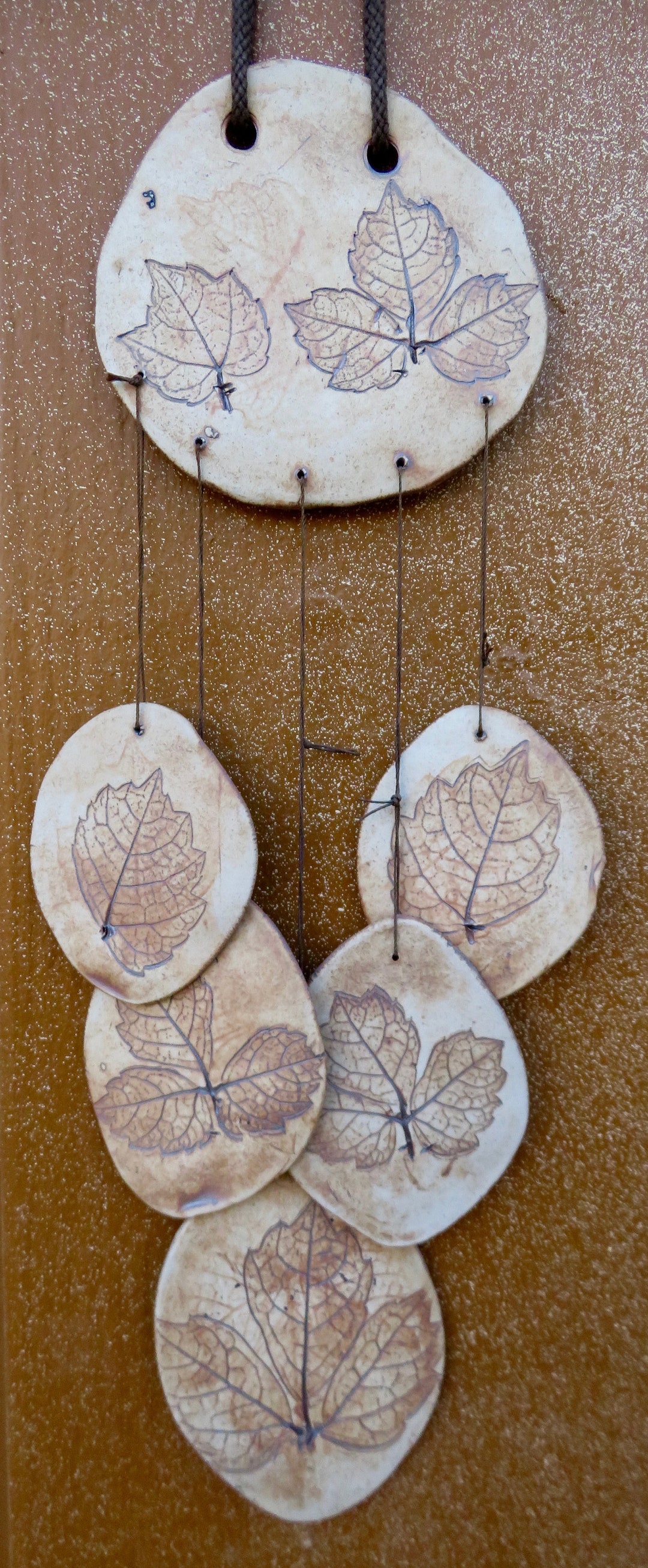 Handcrafted Porcelain Wind Chime, Green Honey Suckle With Aspen, 8  Suspended Pieces, Hanging Cord, Real Botanicals Used to Make Impressions 