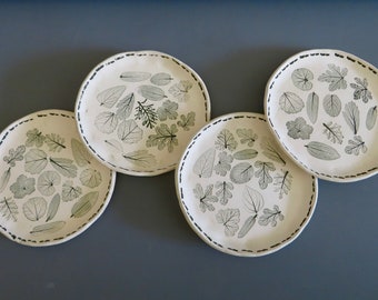 4 Handmade Unglazed Stoneware Green Mixed Leaf Imprinted 6 1/4" Diameter Round Plates, Lead Free, Real Leaves Used To Make Impressions