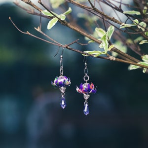 Purple Violet Small Lotus Earrings, Asian, Wedding Bridesmaid Daily Party Event