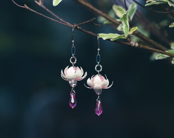 White Pink Small Lotus Earrings, Asian, Wedding Bridesmaid Daily Party Event