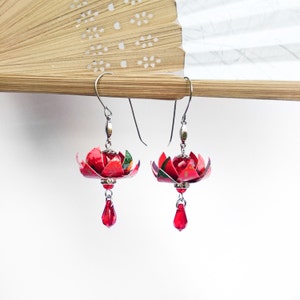 Red Lotus Origami Paper Earrings w/ Swarovski crystals, EA22, JA01RED, Gift Under 25, Asian, Wedding Daily Party Special Event
