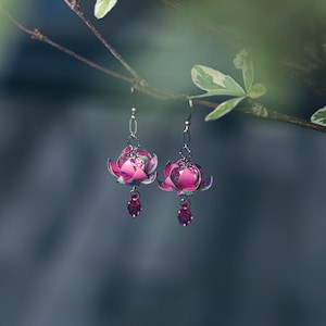 Pink Purple Small Lotus Earrings, Asian, Wedding Bridesmaid Daily Party Event