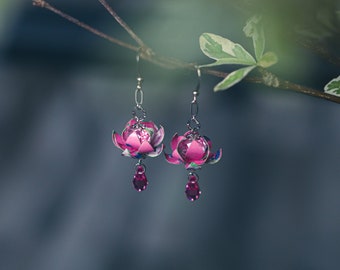 Pink Purple Small Lotus Earrings, Asian, Wedding Bridesmaid Daily Party Event