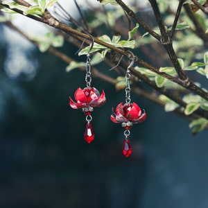 Crimson Red Small Lotus Earrings, Gift Under 30, Asian, Wedding Bridesmaid Daily Party Event