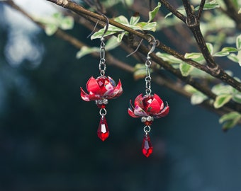 Crimson Red Small Lotus Earrings, Gift Under 30, Asian, Wedding Bridesmaid Daily Party Event