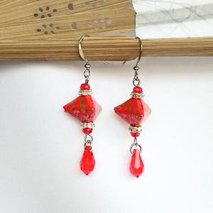 EA07 Origami Bachang Earrings with Swarovski Crystals, FA59RED, Gift, Asian, Wedding Bridesmaid Daily Party