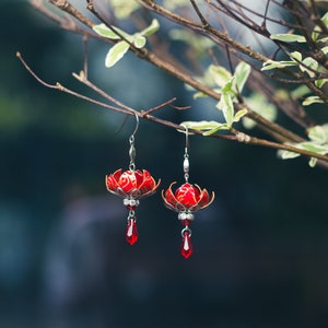 Golden Red Lotus Earrings, Asian, Wedding Bridesmaid Daily Party Event