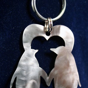 Stainless Steel Penguins Heart Charm Keychain Ornament - Valentines Day or Anniversary gift