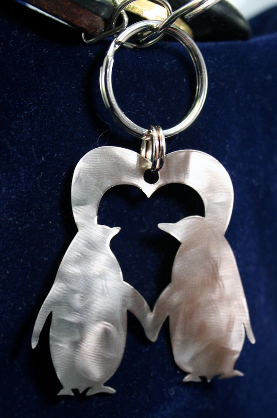 Stainless Steel Penguins Heart Charm Keychain Ornament - Valentines Day or Anniversary gift