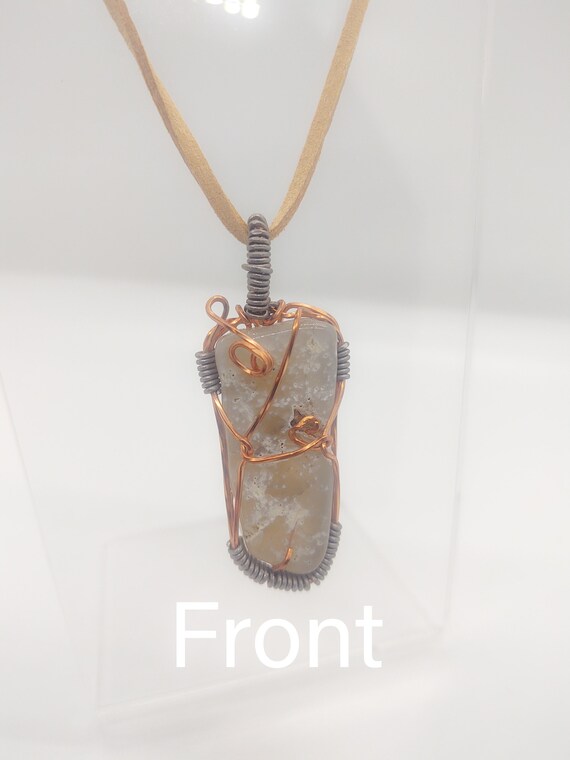 Wire Wrapped Teanaway Gray Agate Necklace Pendant with 24" tan leather cord necklace