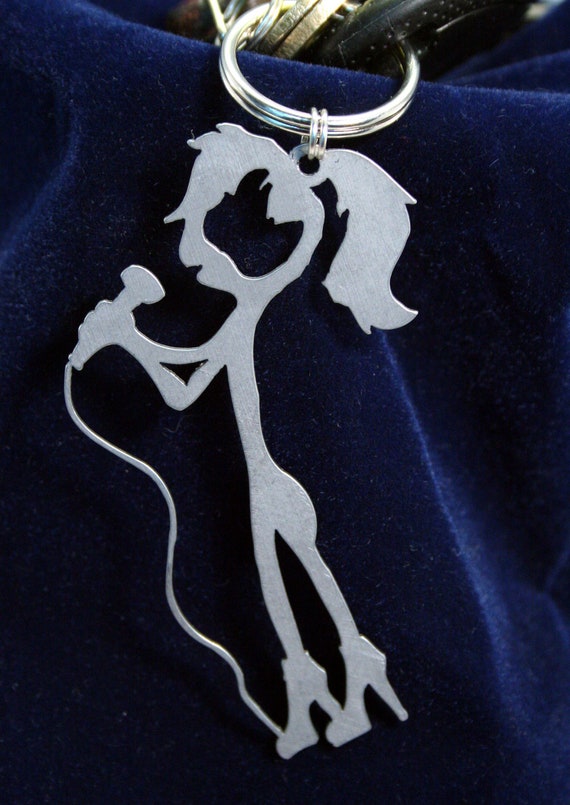 Stiletto Rocker Chick Female Stick Figure Musician Lead Singer or vocalist in Stilettos Key Chain Charm for the music lover or band member