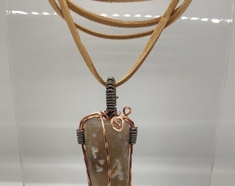 Wire wrapped Agate and leather cord necklace with two tone copper wire.