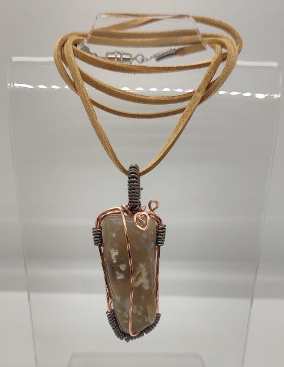 Wire wrapped Agate and leather cord necklace with two tone copper wire.