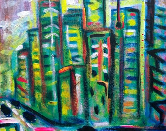 Rise - 11x14 Dark Night City Art Landscape Painting - ORIGINAL acrylic painting