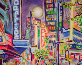 Limited Edition Giclee Canvas Print 8x10 - Granville At The Warehouse - Colorful City Night Art