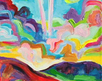 Sunrises and Jetstreams, 10x8" Colorful Expressionist Landscape Painting Lake Okanagan ORIGINAL Acrylic Painting On Stretched Canvas