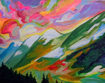 Coquihalla Sunrise, Colorful Canadian Mountain and Sky Art Giclée Art Print Landscape Art Paintings Giclée  Print