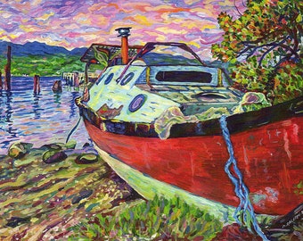 Giclee Canvas PRINT 8 x10  Claudes Boat - Denman Island - Signed Limited Edition Sunset Boat Beach Ocean Fine Art