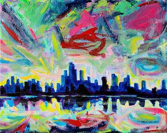 City Of Monsters - 8x10 Sunset Painting Storm City Skyline Colorful Surreal Landscape Painting Art on Canvas - ORIGINAL acrylic painting