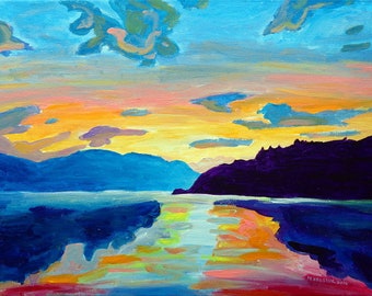 Crossing Lake Okanagan, Colorful Canadian Lake and Sky Art Giclée Art Print Landscape Art Paintings Giclée  Print