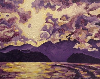 Purple Mountain, Canadian Mountain and Ocean Art Giclée Art Print Landscape Art Paintings Giclée  Print