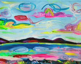 Summer At The Beach, 8x10" Colorful Abstract Landscape Painting Lake Okanagan Painting ORIGINAL acrylic painting On stretched canvas