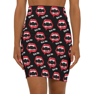 Slay the Halloween Party in this Vampire Fangs Pencil Skirt – Spooky Chic Style!, Kiss Me Retro Vamp Skirt, Vintage Style
