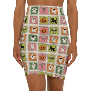 Halloween Ghost Pencil Skirt, Retro Skeletons Cat Women's Skirt, Preppy Halloween Apparel, Halloween Party Costume, Spooky Skirt for Women,