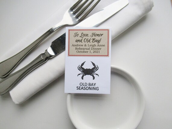 diy Old Bay Rehearsal Dinner Favors for Maryland Wedding Personalized Packets with Crab Motif To Love Honor and Old Bay