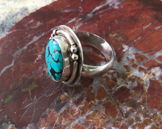 Chinese turquoise ring set in handmade sterling silver signed men/'s ringwomen/'s ring