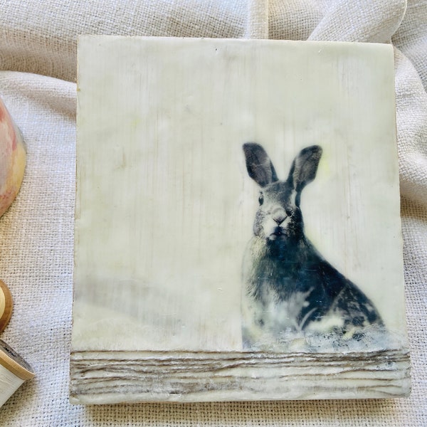 Bunny Rabbit Art. Encaustic Collage. Neutral/Natural Decorations. Unique Gift. Small Art. Sustainable Artwork. Beeswax Painting.