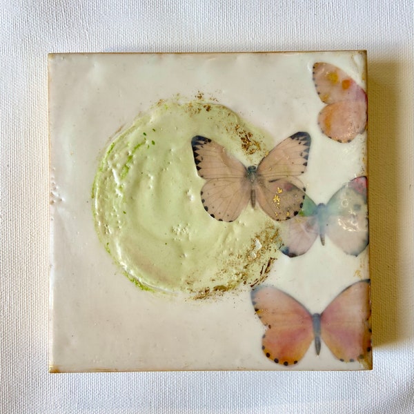Butterfly Art on Wood. Nature Encaustic Painting on Wood. Unique Gift. Mint and Gold. 5x5 Small Art.