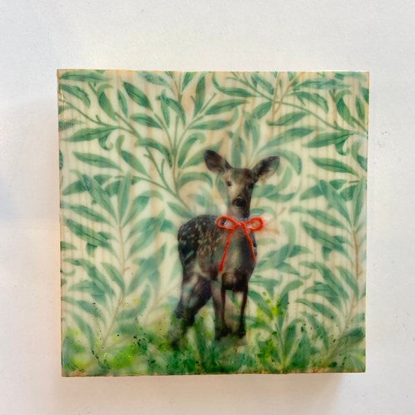 Deer Encaustic Art. Nature Decorations. Retro, Art Deco, Botanical, Animal Art on Wood. Small Wall Decor.