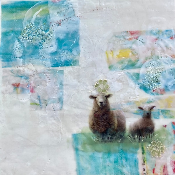 Collage d'encaustique de mouton. Peinture sur Bois. Technique mixte. 8x8. Cadeau de nature animale.