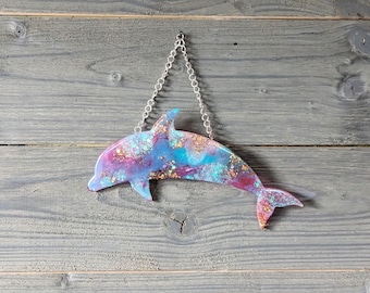 Teal, Magenta and Holographic Gold Dolphin Resin Wall Hanging