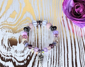 Purple Beaded Conch Shell Charm Bracelet