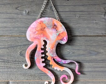 Funky Pink, Orange, White and Silver Holographic Jelly Fish Resin Wall Hanging