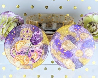 Lavender and Honey Tea Cup Coaster Set (4) with Holder