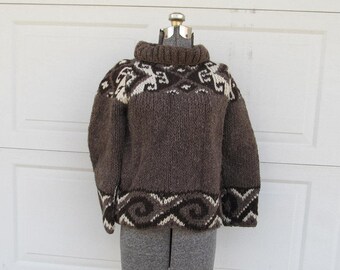 Vintage chunky knit wool sweater with geometric trim, wool brown sweater, 100% wool, S/XS