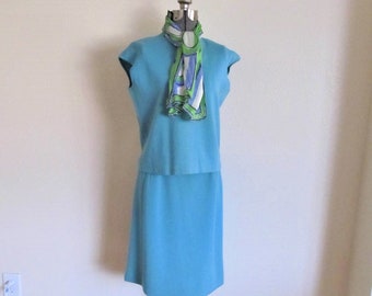 1960s wool knit suit, twin set, matching shell and skirt, teal, Medium
