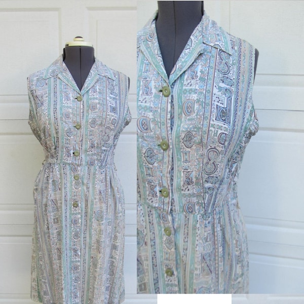 1950s sleeveless shirt dress with alphabet pattern, shirtwaist dress, Large