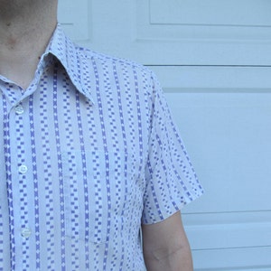 1970s mens short sleeved lilac diamond print and striped shirt, pointed collar, L