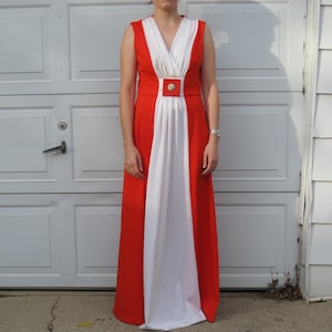 1970s colorblock bright orange goddess dress with amazing brooch