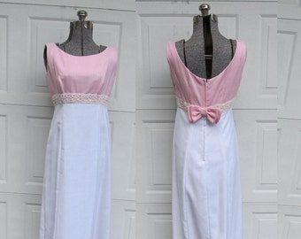 1960s vintage maxi dress with sweet bows pink and white maxi dress, S/XS