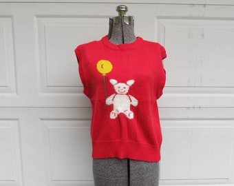 Vintage red short sleeved sweater vest with teddy bear holding balloon, cottage core sweater, S/XS