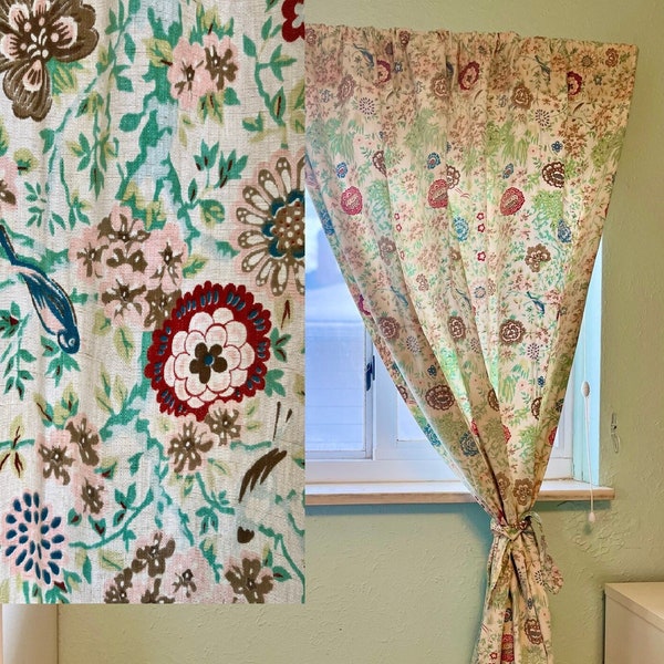 Vintage curtain panel, muted color tone, birds, floral, long panel, cottage core