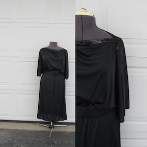 1970s black drapey dress with sequins, M/L